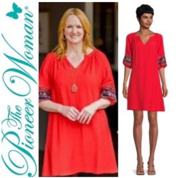 Pioneer Woman 3XL Red Rayon/Poly 40"L Dress Embroidered Puff Sleeve V-Neck EUC - Picture 1 of 10